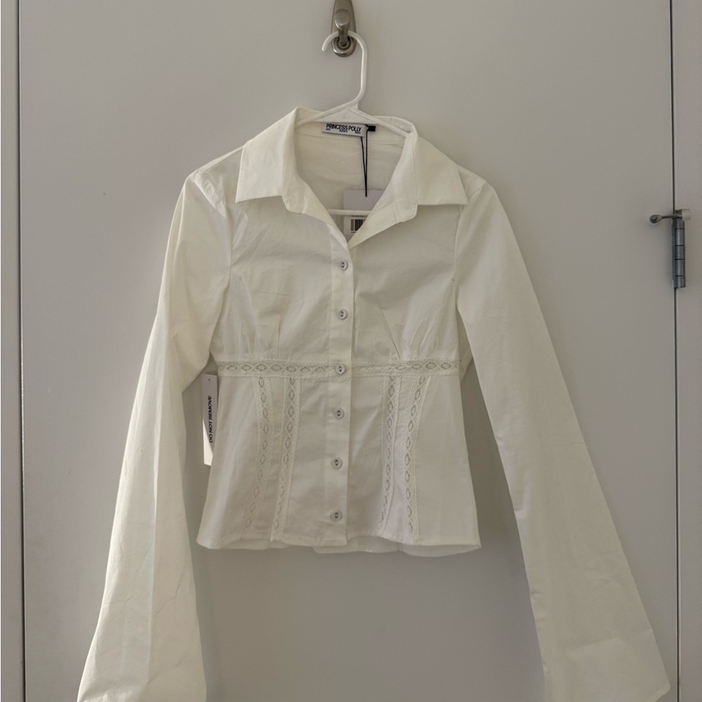 White Button-Up Blouse with Lace Detail